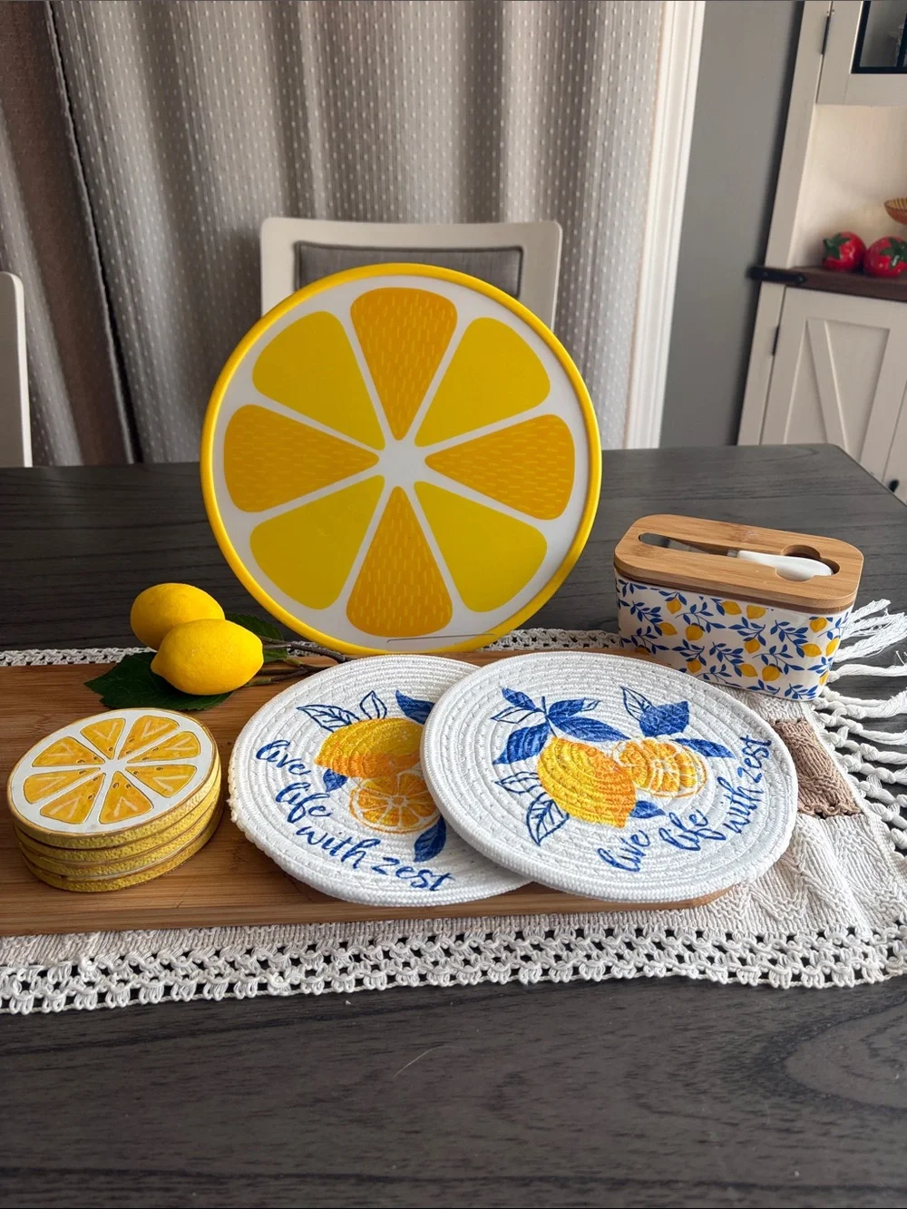 Yellow Lemon-Themed Bundle- Cutting board,trivets, coasters, & butter dish.